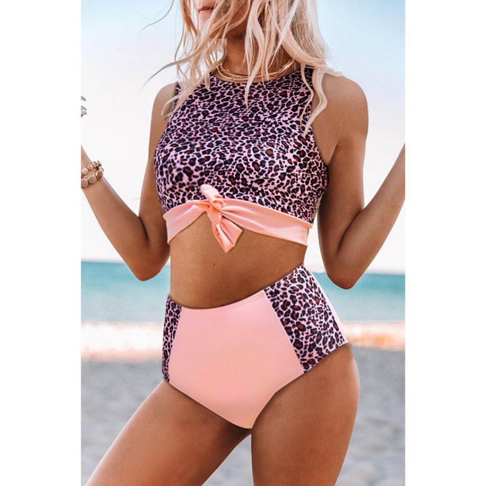 2 piece Pink Leopard Print High Waist Two Piece Bikini